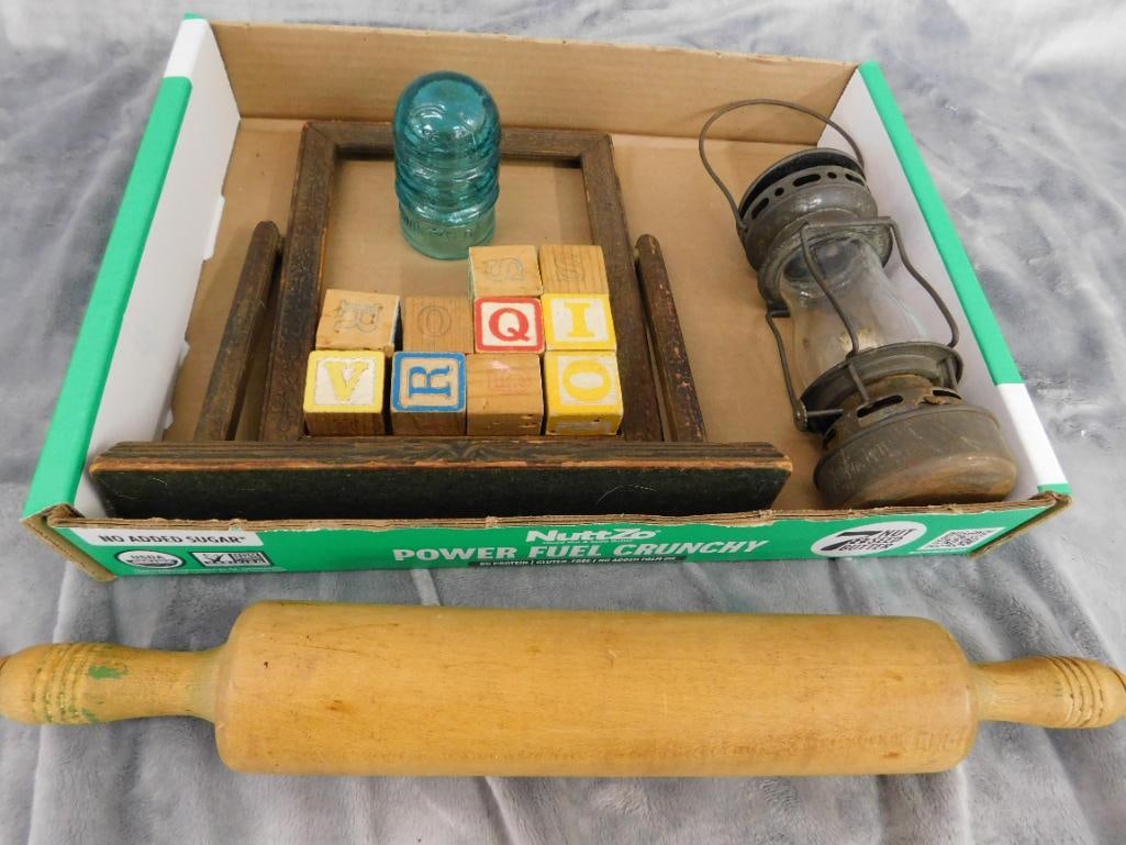 Vintage Frame - Insulator - Small lantern - Rolling Pin - Childs Blocks - 8