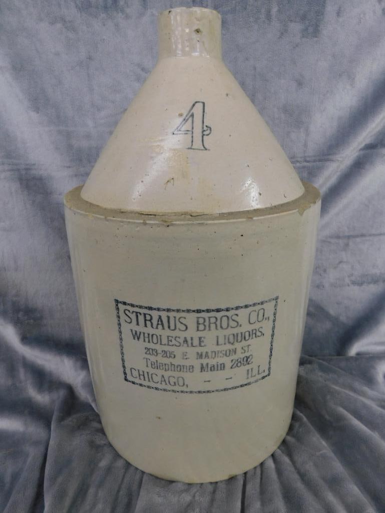 Pottery Jug - 4 Gallon - Straus Bros. Chicago - Chip on Base - 18.5" x 11" - 10