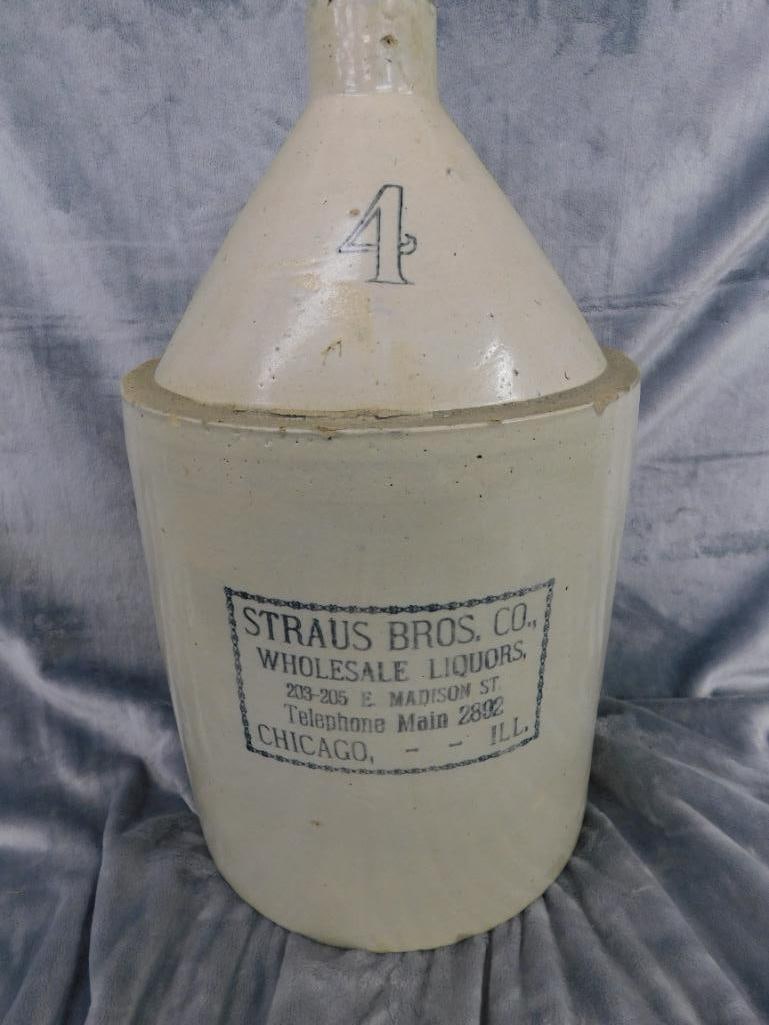 Pottery Jug - 4 Gallon - Straus Bros. Chicago - Chip on Base - 18.5" x 11" - 11