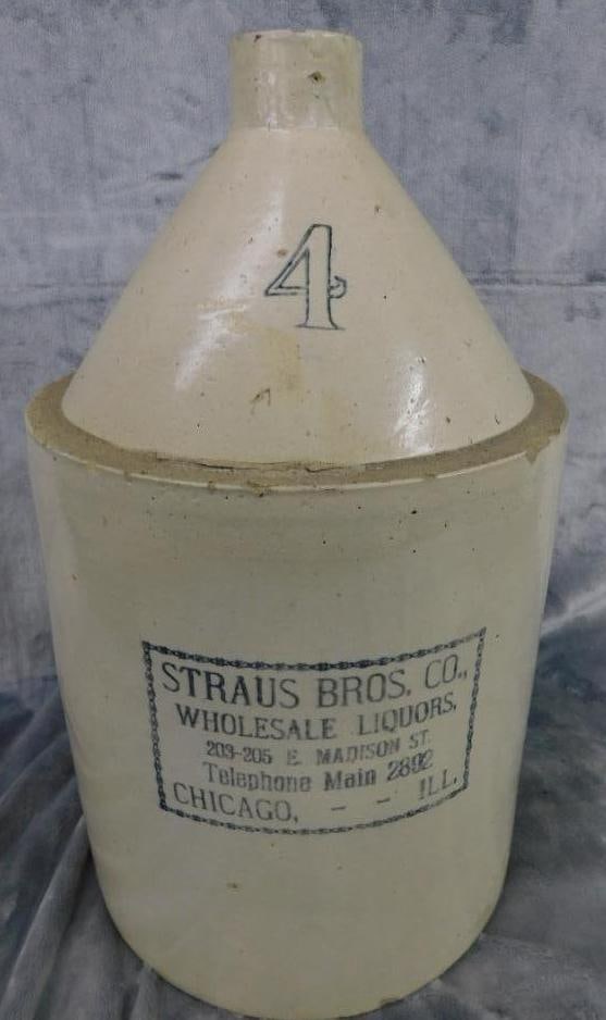 Pottery Jug - 4 Gallon - Straus Bros. Chicago - Chip on Base - 18.5" x 11" (1 of 11)