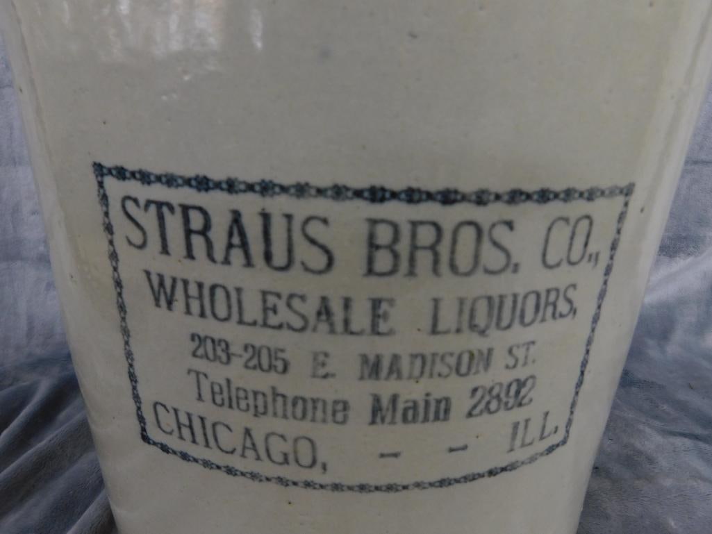 Pottery Jug - 4 Gallon - Straus Bros. Chicago - Chip on Base - 18.5" x 11" - 2