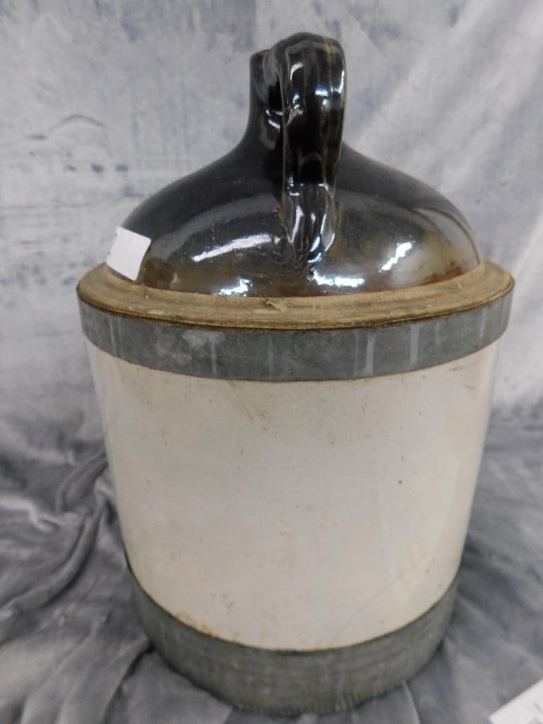 Pottery Jug - 5 Gallon - Signed - Metal Rim - 17" x 12.5" - 10