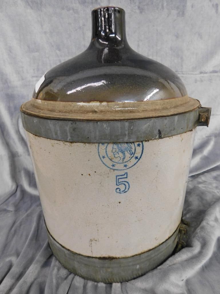 Pottery Jug - 5 Gallon - Signed - Metal Rim - 17" x 12.5" - 14