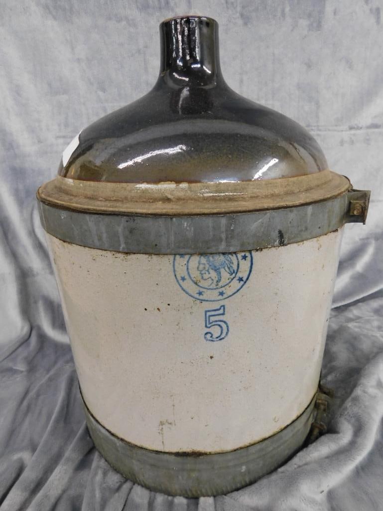 Pottery Jug - 5 Gallon - Signed - Metal Rim - 17" x 12.5" - 15