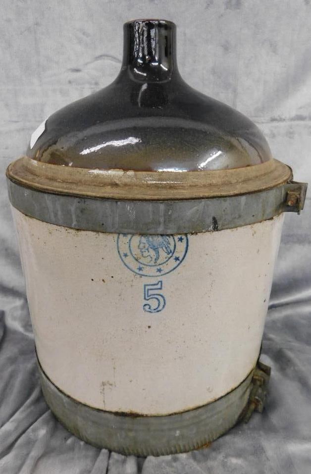 Pottery Jug - 5 Gallon - Signed - Metal Rim - 17" x 12.5": See Photos For Condition and Details