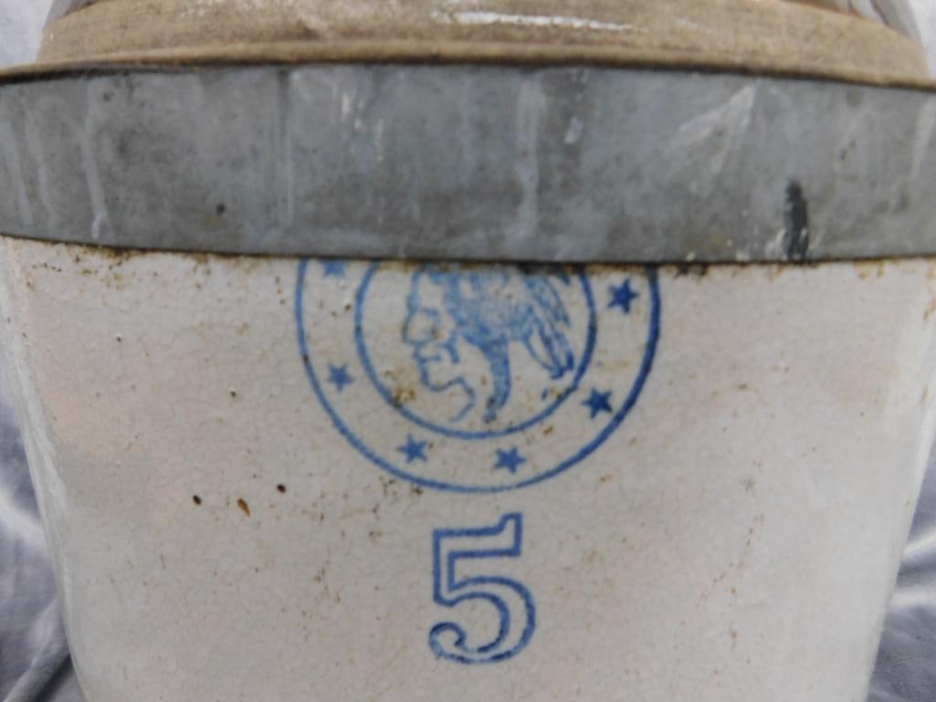 Pottery Jug - 5 Gallon - Signed - Metal Rim - 17" x 12.5" - 2