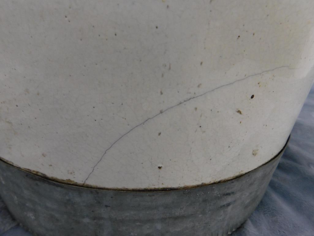 Pottery Jug - 5 Gallon - Signed - Metal Rim - 17" x 12.5" - 9