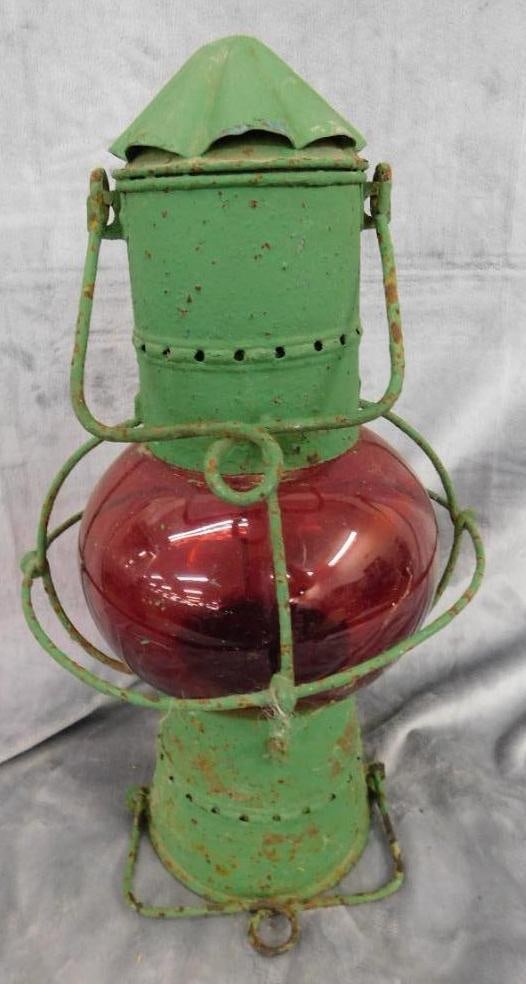 Painted Railroad Lantern - Red Globe - Unsigned - 18" x 10" (1 of 9)
