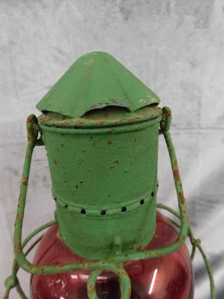 Painted Railroad Lantern - Red Globe - Unsigned - 18" x 10" - 3