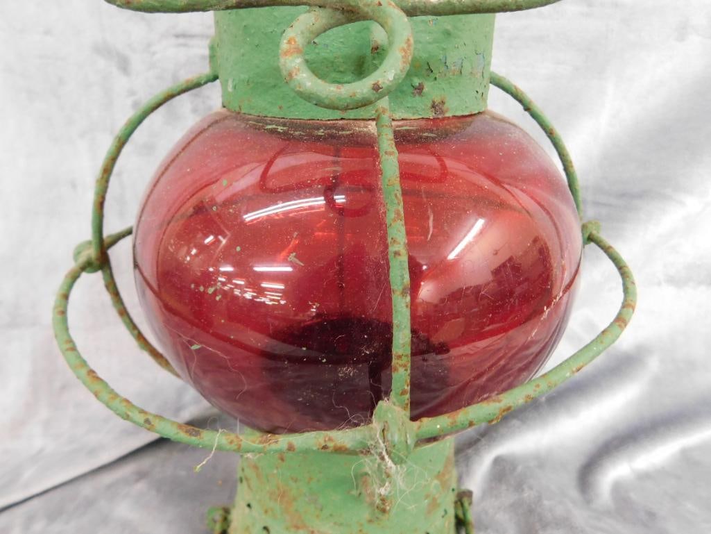Painted Railroad Lantern - Red Globe - Unsigned - 18" x 10" - 4