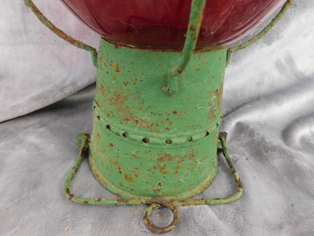 Painted Railroad Lantern - Red Globe - Unsigned - 18" x 10" - 5