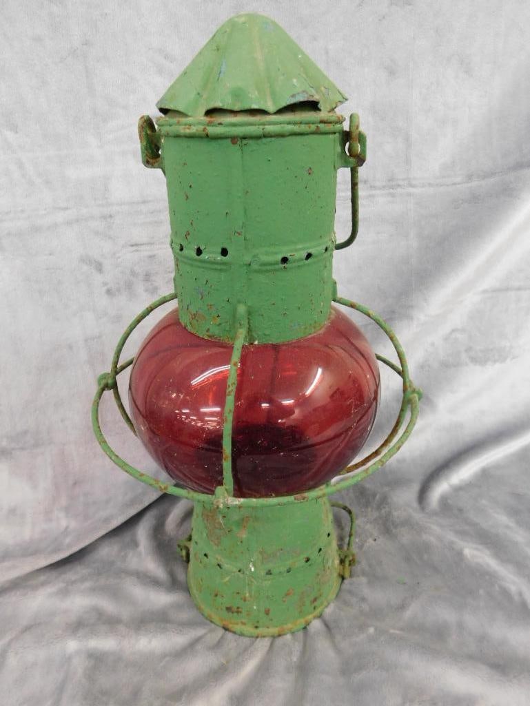 Painted Railroad Lantern - Red Globe - Unsigned - 18" x 10" - 6