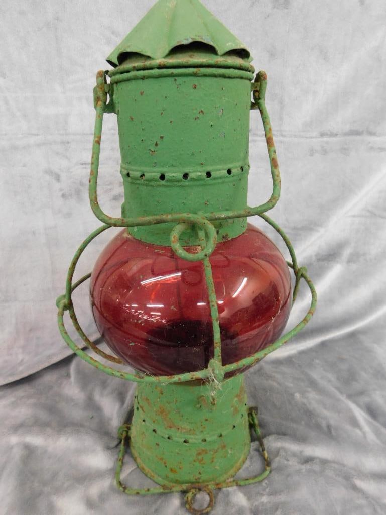 Painted Railroad Lantern - Red Globe - Unsigned - 18" x 10" - 8