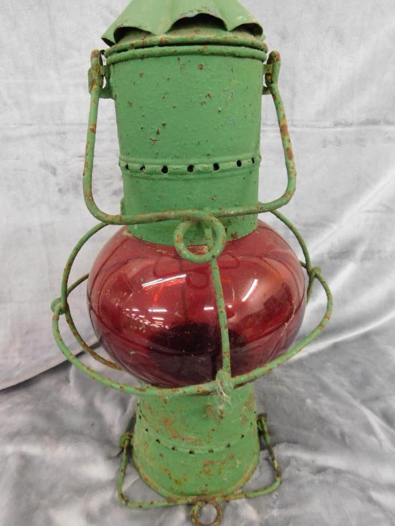 Painted Railroad Lantern - Red Globe - Unsigned - 18" x 10" - 9