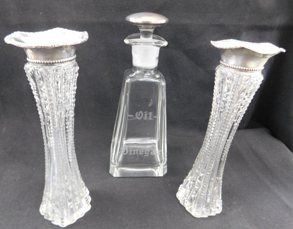 Sterling Silver - 2 Topped 6.75" Crystal Vases - 7" Cruet - Vase Tops 13 Grams (1 of 9)