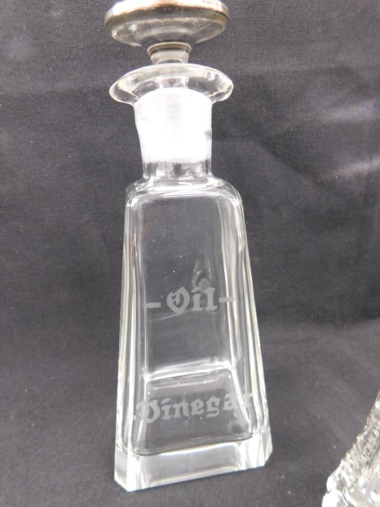 Sterling Silver - 2 Topped 6.75" Crystal Vases - 7" Cruet - Vase Tops 13 Grams - 2