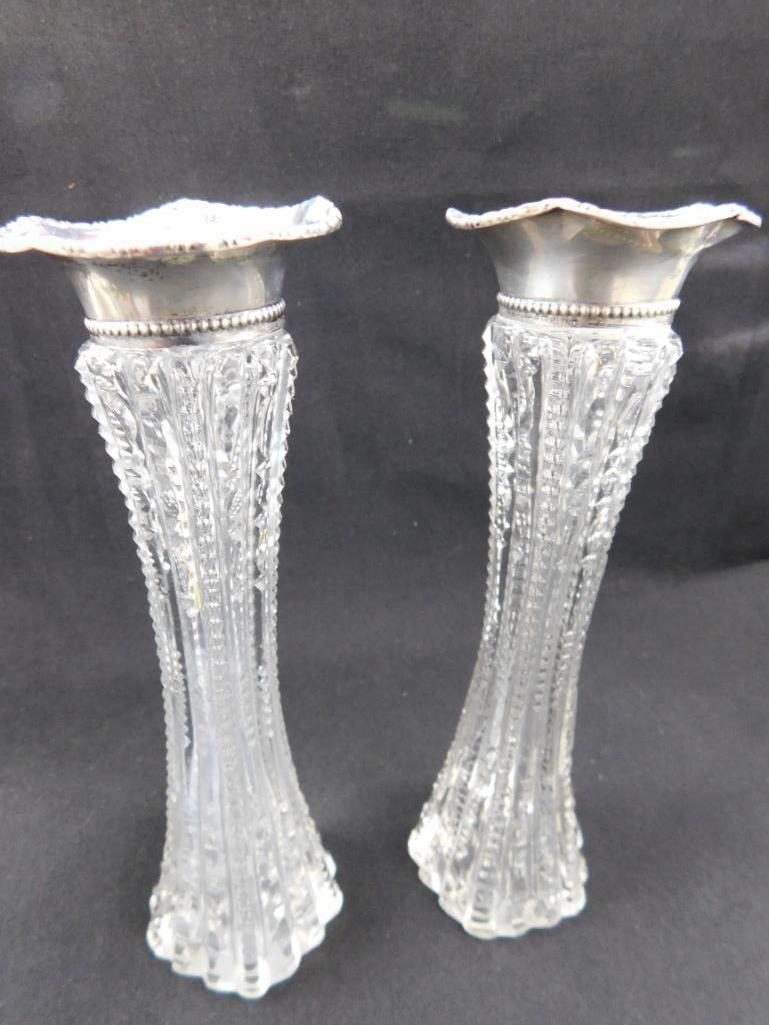 Sterling Silver - 2 Topped 6.75" Crystal Vases - 7" Cruet - Vase Tops 13 Grams - 4