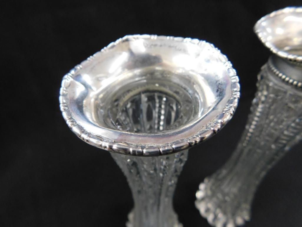 Sterling Silver - 2 Topped 6.75" Crystal Vases - 7" Cruet - Vase Tops 13 Grams - 5