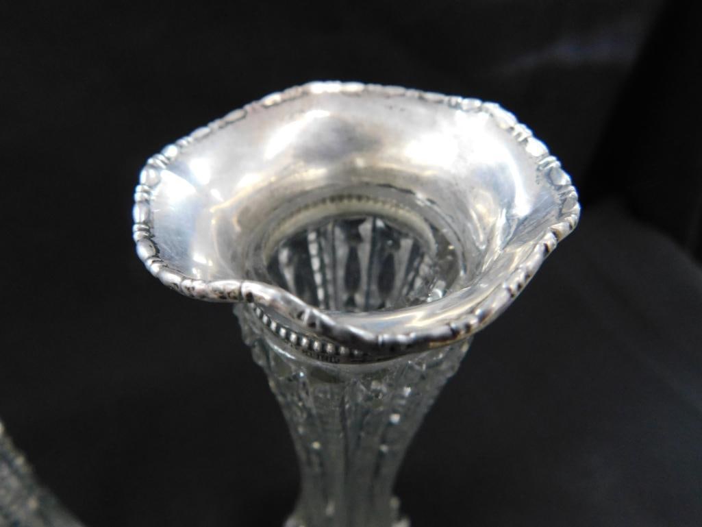 Sterling Silver - 2 Topped 6.75" Crystal Vases - 7" Cruet - Vase Tops 13 Grams - 6