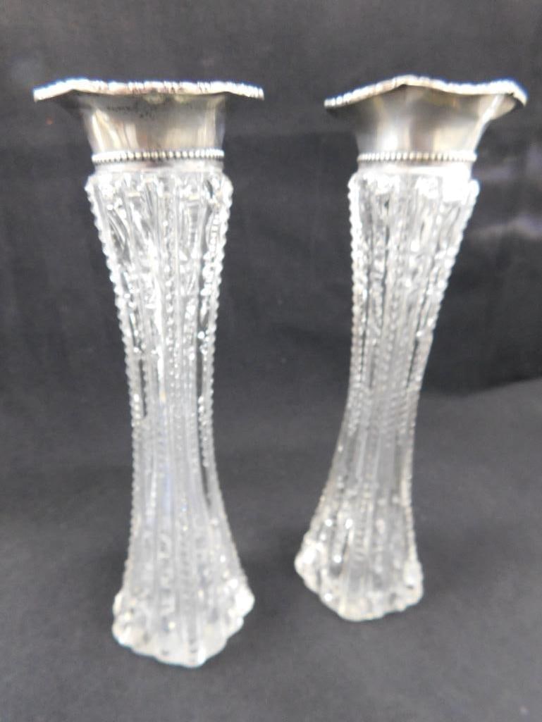 Sterling Silver - 2 Topped 6.75" Crystal Vases - 7" Cruet - Vase Tops 13 Grams - 8