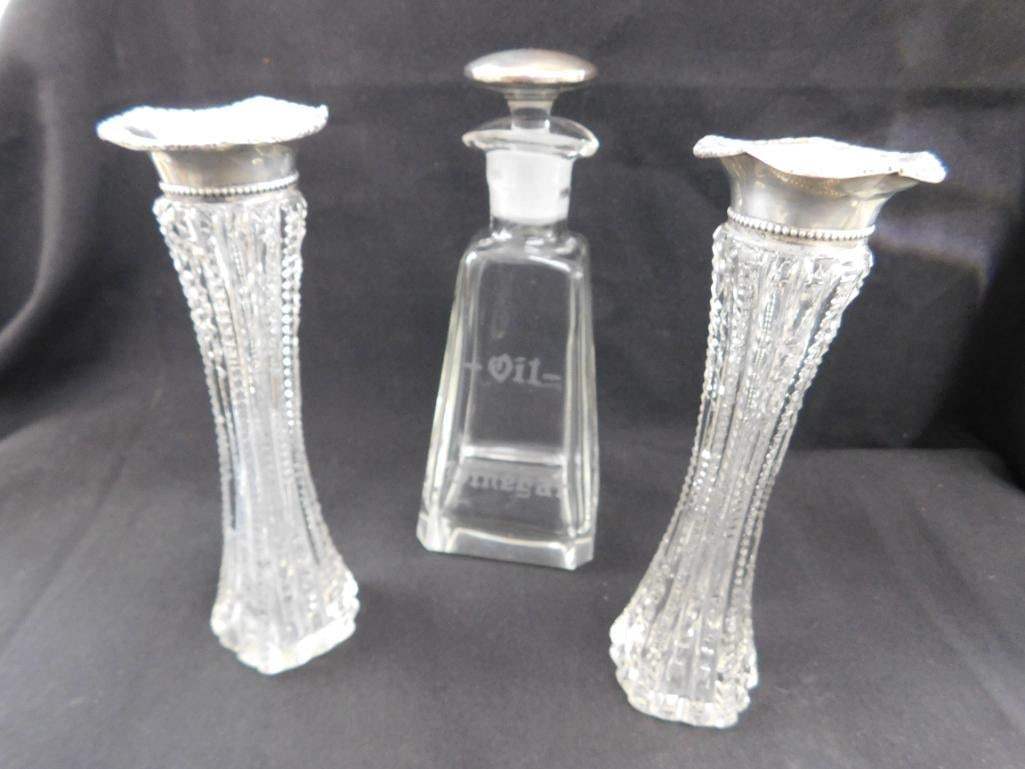 Sterling Silver - 2 Topped 6.75" Crystal Vases - 7" Cruet - Vase Tops 13 Grams - 9