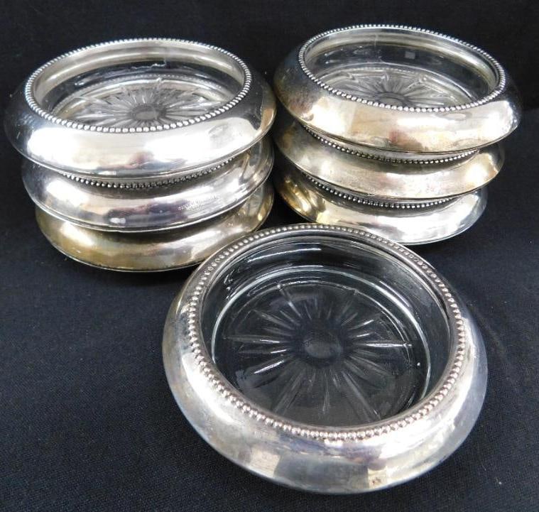 Sterling Silver - 7 Rimmed 3.75" Glass Coasters - Matching - Weighted (1 of 8)