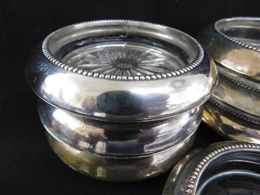 Sterling Silver - 7 Rimmed 3.75" Glass Coasters - Matching - Weighted - 2