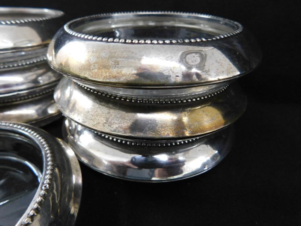 Sterling Silver - 7 Rimmed 3.75" Glass Coasters - Matching - Weighted - 3