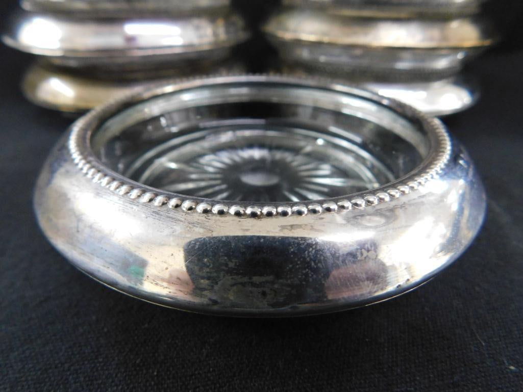 Sterling Silver - 7 Rimmed 3.75" Glass Coasters - Matching - Weighted - 4