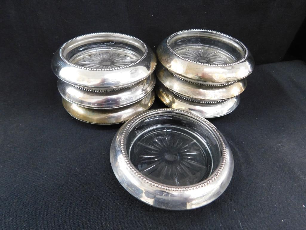 Sterling Silver - 7 Rimmed 3.75" Glass Coasters - Matching - Weighted - 7