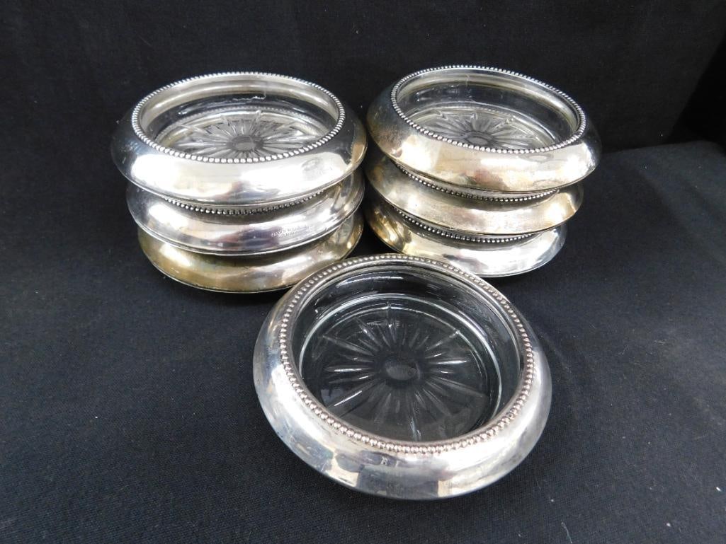 Sterling Silver - 7 Rimmed 3.75" Glass Coasters - Matching - Weighted - 8