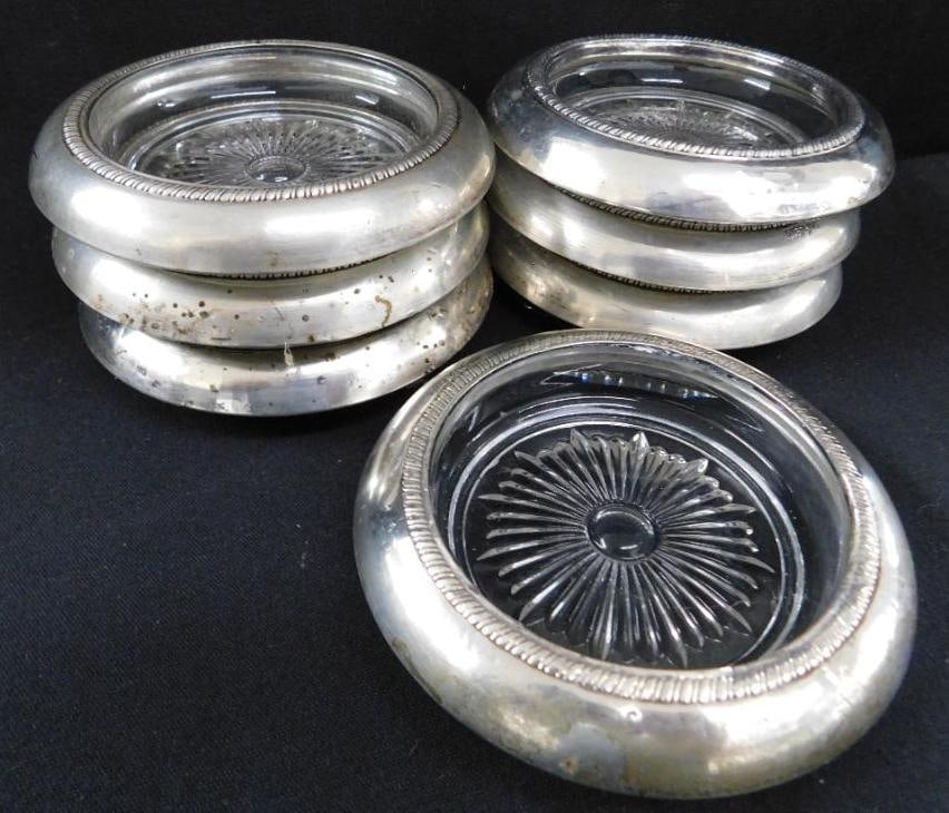Sterling Silver - 7 Rimmed 4" Glass Coasters - Matching - Weighted (1 of 8)
