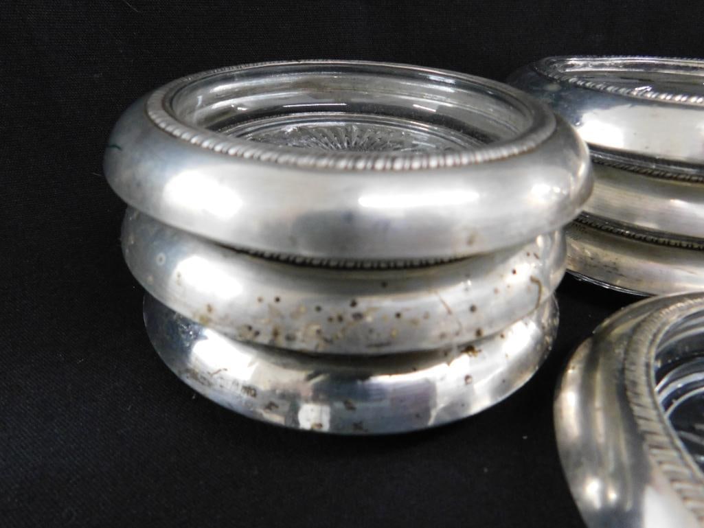 Sterling Silver - 7 Rimmed 4" Glass Coasters - Matching - Weighted - 2