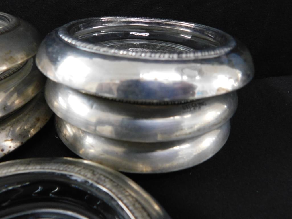 Sterling Silver - 7 Rimmed 4" Glass Coasters - Matching - Weighted - 3