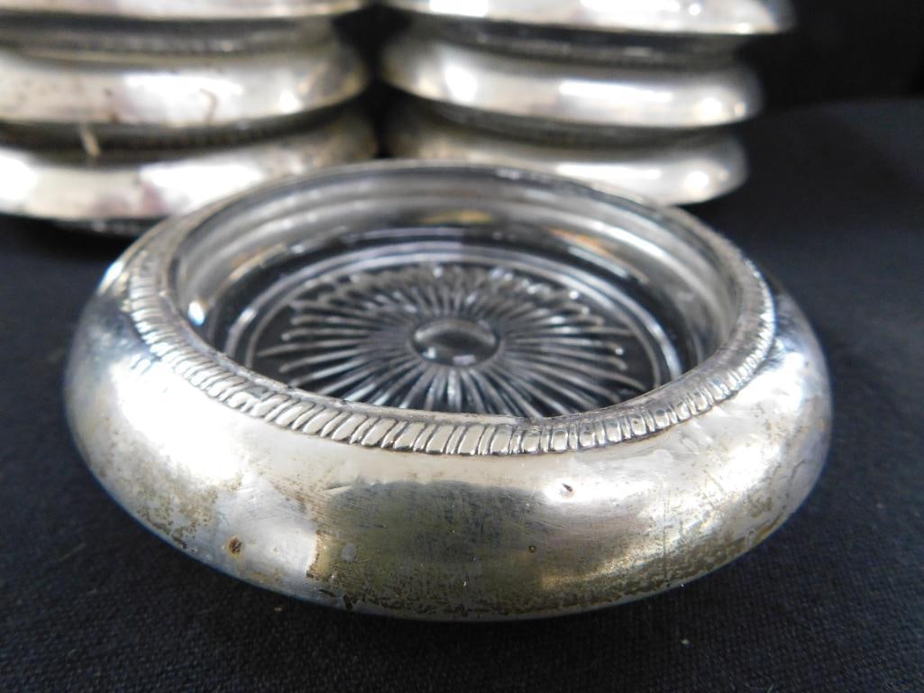 Sterling Silver - 7 Rimmed 4" Glass Coasters - Matching - Weighted - 4