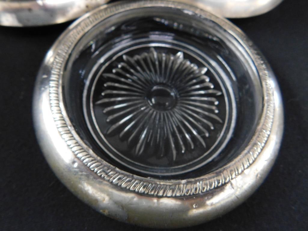 Sterling Silver - 7 Rimmed 4" Glass Coasters - Matching - Weighted - 5