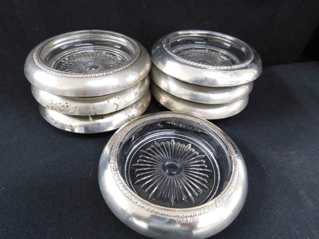 Sterling Silver - 7 Rimmed 4" Glass Coasters - Matching - Weighted - 7