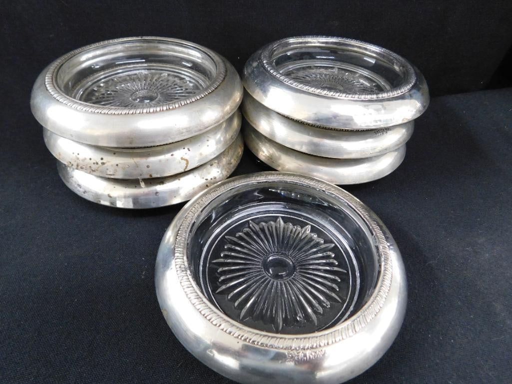 Sterling Silver - 7 Rimmed 4" Glass Coasters - Matching - Weighted - 8