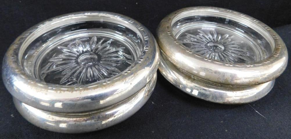 Sterling Silver - 4 Rimmed 3.75" Glass Coasters - Matching - Weighted (1 of 7)