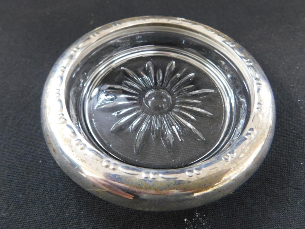 Sterling Silver - 4 Rimmed 3.75" Glass Coasters - Matching - Weighted - 2