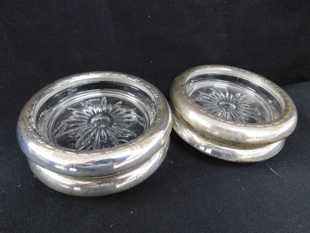 Sterling Silver - 4 Rimmed 3.75" Glass Coasters - Matching - Weighted - 4