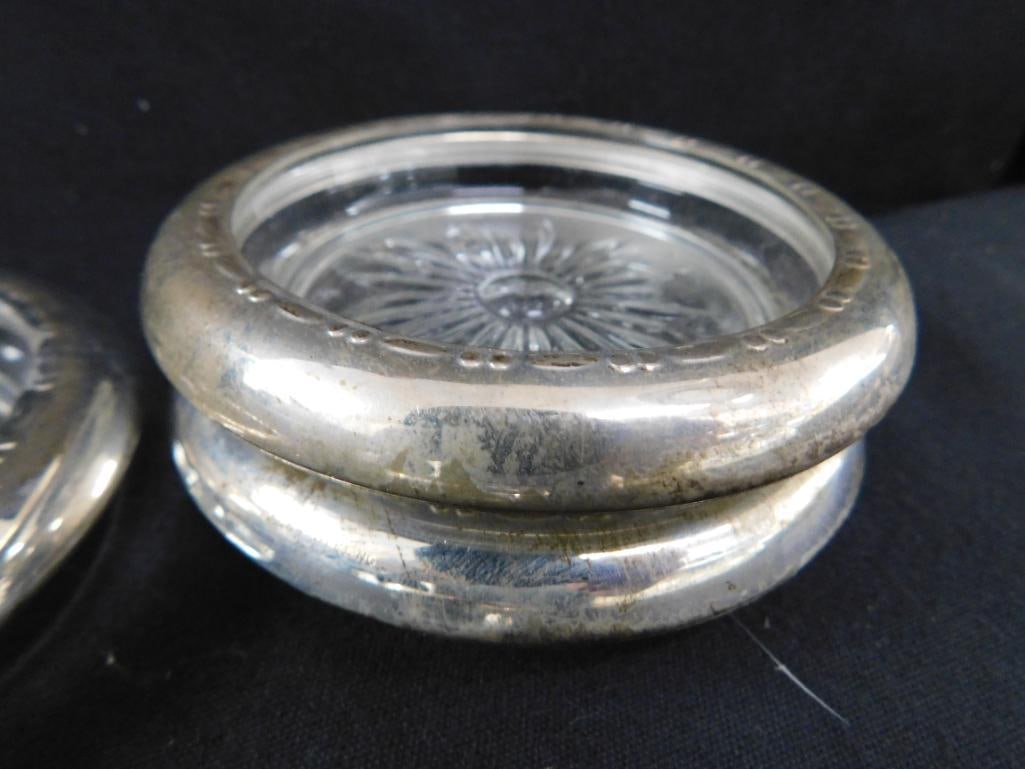 Sterling Silver - 4 Rimmed 3.75" Glass Coasters - Matching - Weighted - 5
