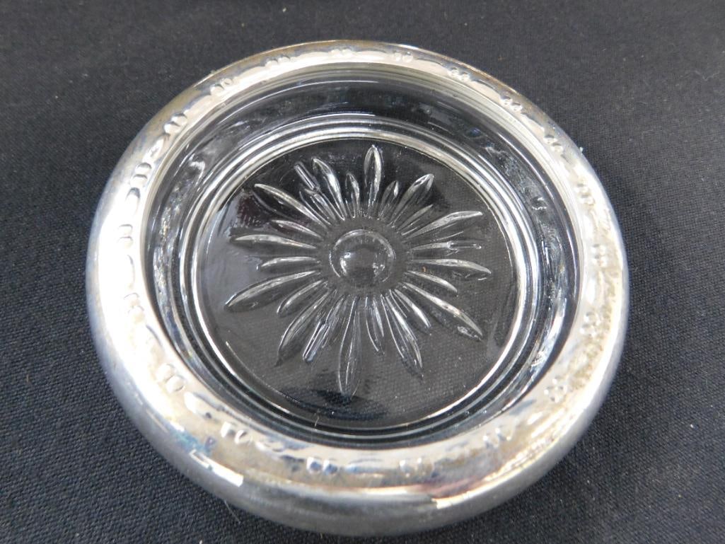 Sterling Silver - 4 Rimmed 3.75" Glass Coasters - Matching - Weighted - 6