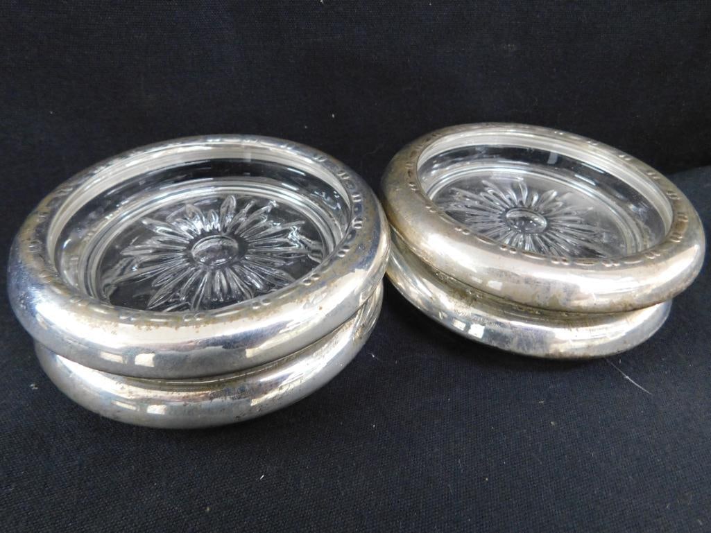 Sterling Silver - 4 Rimmed 3.75" Glass Coasters - Matching - Weighted - 7