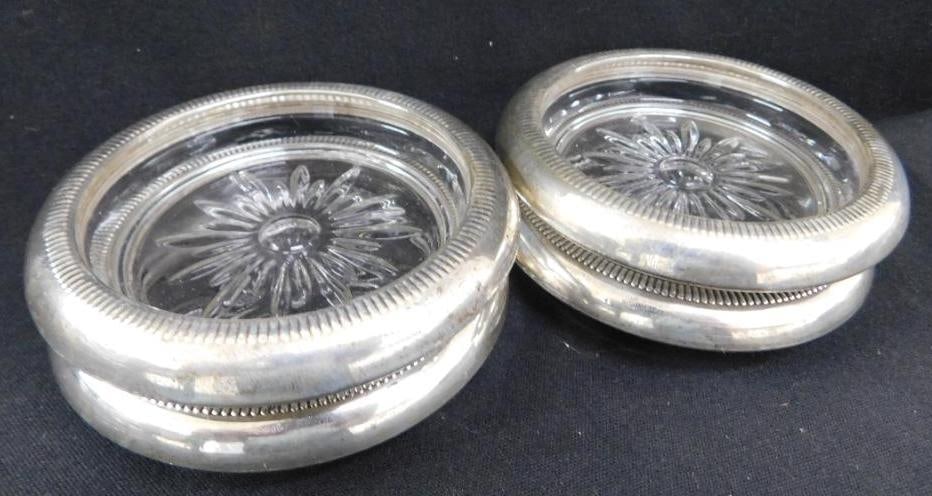 Sterling Silver - 4 Rimmed 3.75" Glass Coasters - Matching - Weighted (1 of 7)