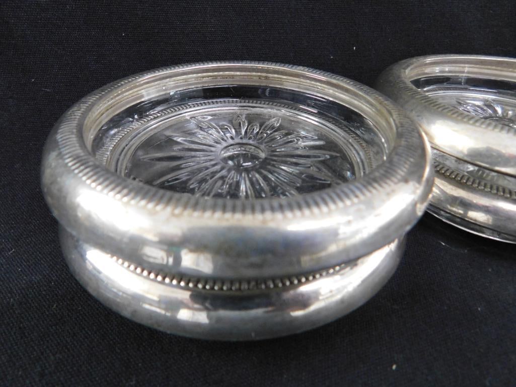 Sterling Silver - 4 Rimmed 3.75" Glass Coasters - Matching - Weighted - 2