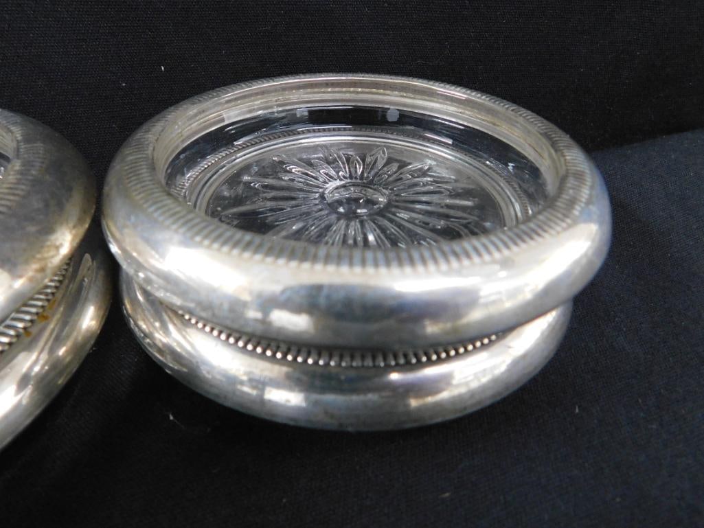Sterling Silver - 4 Rimmed 3.75" Glass Coasters - Matching - Weighted - 3