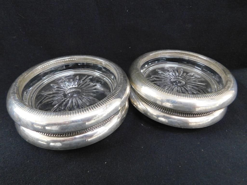 Sterling Silver - 4 Rimmed 3.75" Glass Coasters - Matching - Weighted - 6