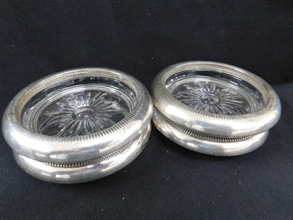 Sterling Silver - 4 Rimmed 3.75" Glass Coasters - Matching - Weighted - 7
