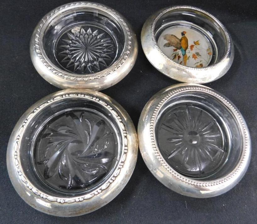 Sterling Silver - 3 Mismatched Glass Coasters - Weighted (1 of 7)